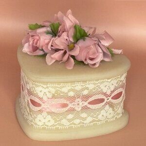 Heart trinket box . Bisque with flowers and lace. Preowned no flaws  3.5" x 3.5"